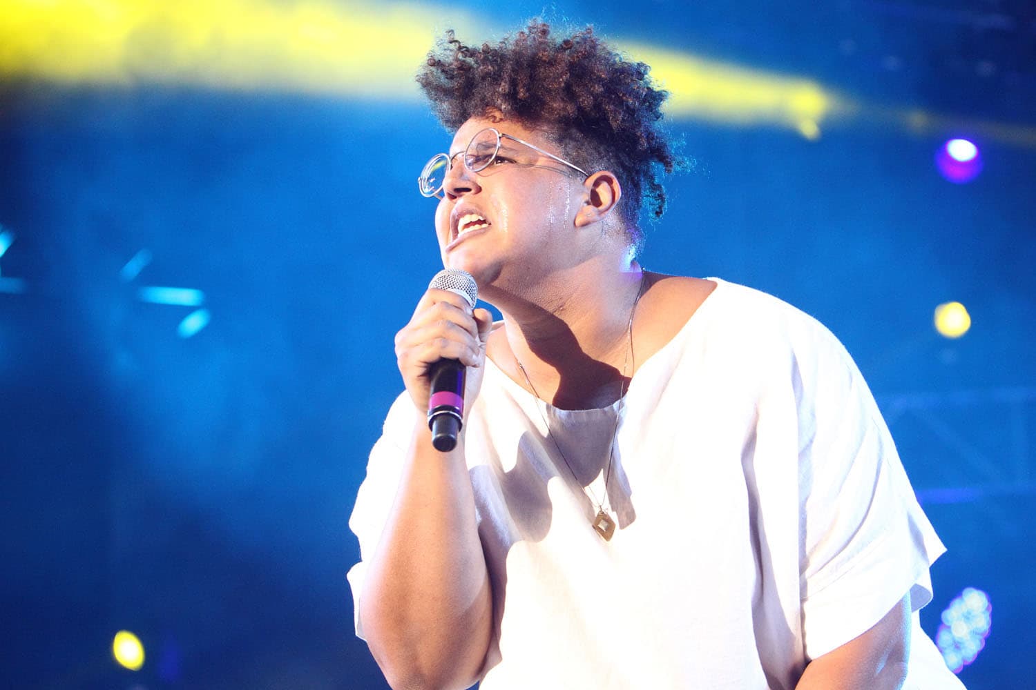 Festival concert photography of soul-rock artist Brittany Howard from Alabama Shakes performing. Powerful vocal performance with blues-influenced rock instrumentation expertly captured through professional music photography.